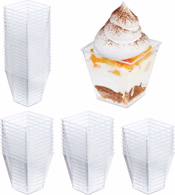 Set de 50 vasitos cuadrados para postre Relaxdays, 210 ml, reutilizables, color transparente, An/P/Al: 7,5 x 7,5 x 7,5 cm