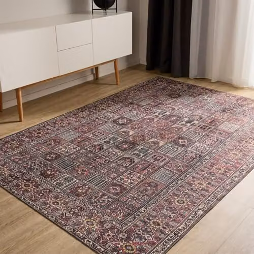 Alfombra de salón Benuta Basic George multicolor y roja, diseño vintage abstracto de fibra sintética lavable, An/P: 120 x 170 cm