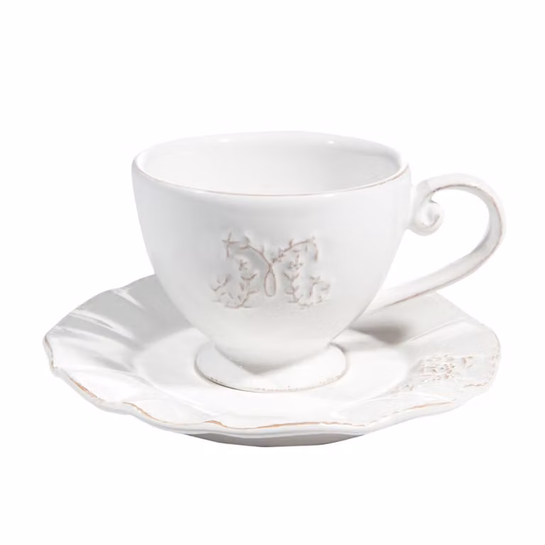 Taza de té con platillo Bourgeoisie de cerámica blanca con diseño floral apta para microondas y lavavajillas