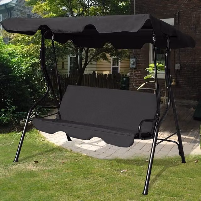 Columpio de jardín para 3 adultos NORTHIO con toldo ajustable y cojines, color marrón o negro, An/P/Al: 210 x 110 x 154 cm