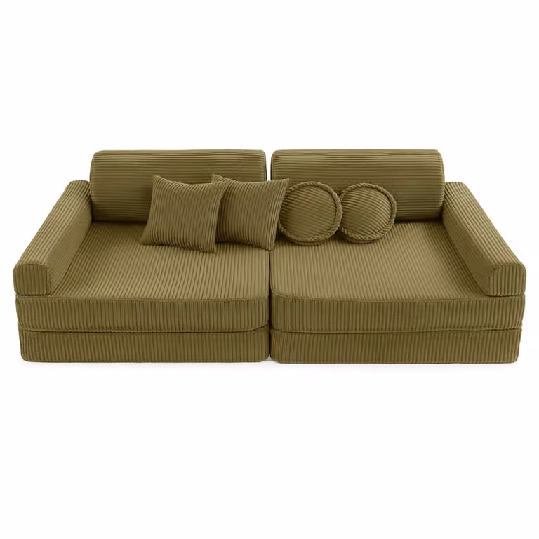Sofá infantil modular MeowBaby de terciopelo verde con 10 piezas y función de cama, An/P/Al: 160 x 200 cm