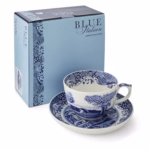 Taza y platillo jumbo Blue Italian de Portmeirion en porcelana azul y blanco de 0,56 l
