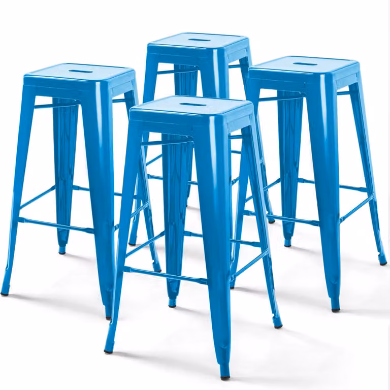 Oviala Lote de 4 taburetes de bar apilables de acero azul brillante para jardín o terraza
