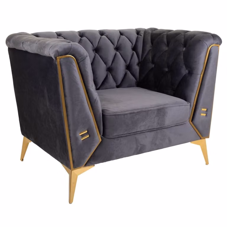 Sillón Chesterfield Wanderlust Deco tapizado en gris con detalles dorados, An/P/Al: 104 x 72 x 75 cm