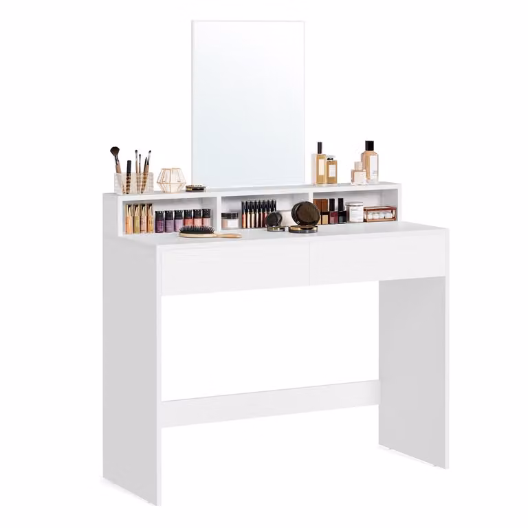 VASAGLE Tocador Moderno Blanco Brillante con Espejo y 2 Cajones An/P/Al: 100 x 40 x 140 cm