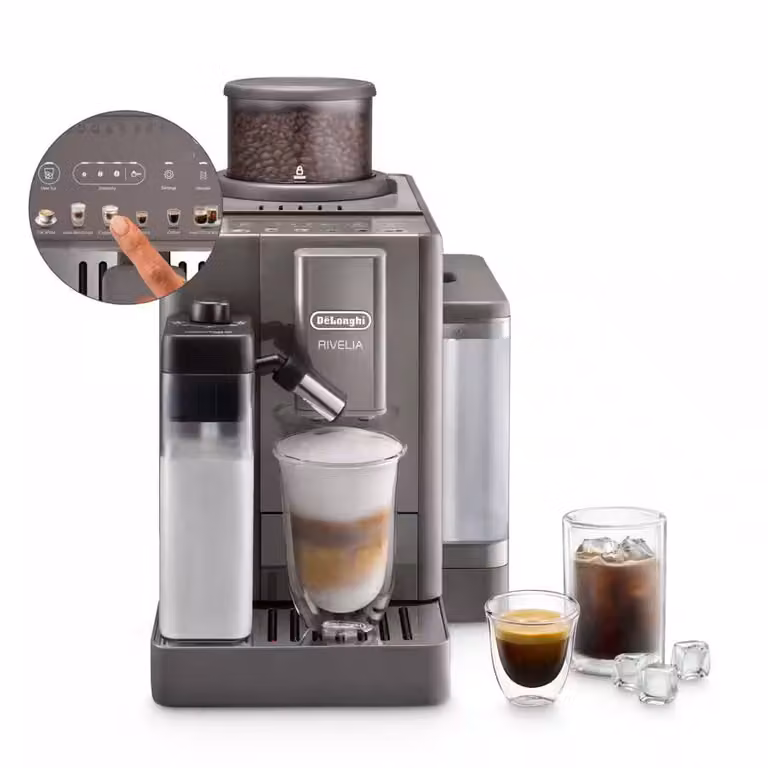Cafetera automática De'Longhi Rivelia Start con función Cold Brew en color marrón y gris
