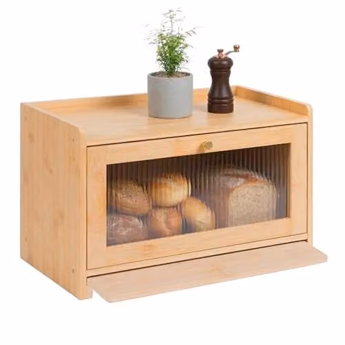 Panera de bambú Relaxdays con tabla de cortar y ventana acrílica, color beige o marrón, An/P/Al: 26 x 40 x 25 cm