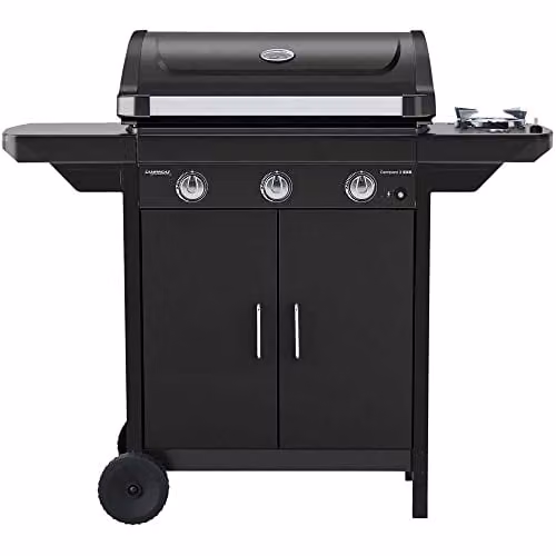Barbacoa de gas Campingaz Compact 3exs con 2 quemadores y plancha de hierro fundido en color negro, superficie de cocina: 61 x 35 cm