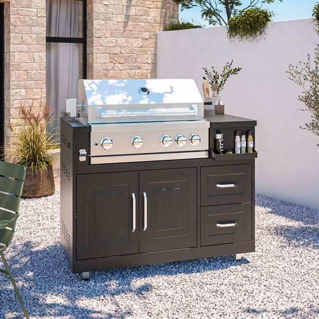 Barbacoa de gas Memphis de Oviala con 4 quemadores, asador, termómetro y rejilla de calentamiento en color negro y acero inoxidable