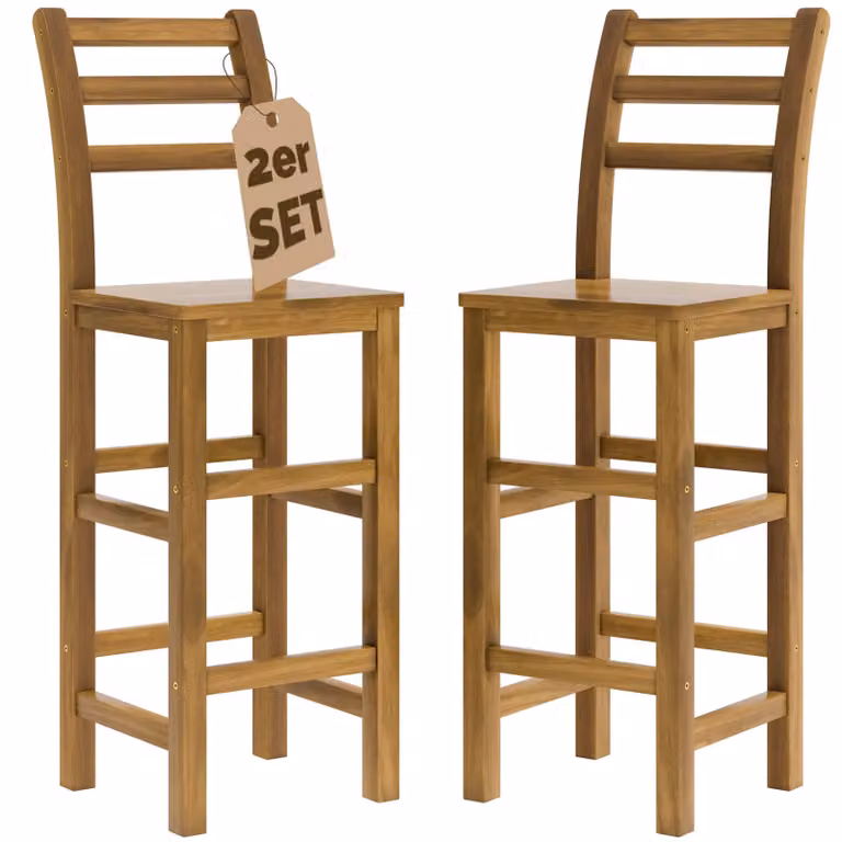 Juego de 2 sillas de bar de madera de acacia en color marrón con respaldo y estilo rústico