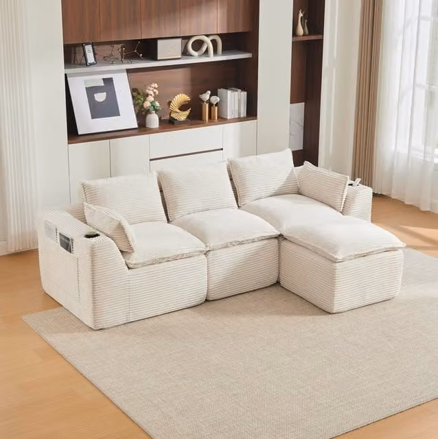 Sofá modular de 3 plazas OKWISH en terciopelo beige con puf y cojines, diseño en forma de L con reclinación, An/P/Al: 256 x 161 x 75 cm