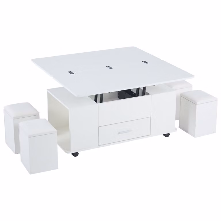 Mesa de centro elevable OKWISH blanca con 4 taburetes, mecanismo de elevación y ruedas, An/P/Al: 100 x 50 x 45 cm