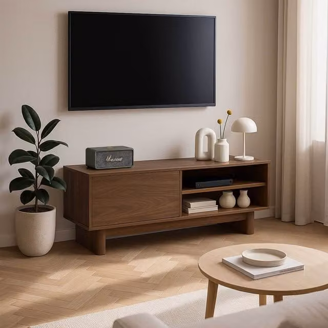 Mueble de TV escandinavo OVIALA en madera oscura y MDF, An/P/Al: 120 x 40 x 58 cm