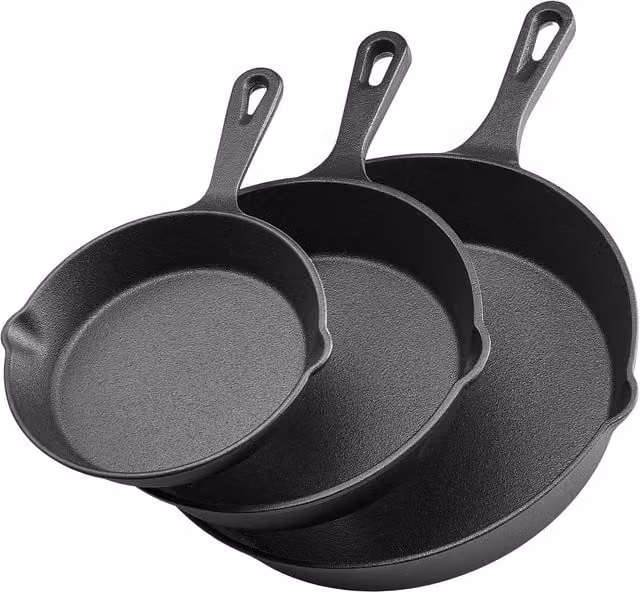 Juego de 3 sartenes de hierro fundido VEVOR en color negro, precuradas con mango resistente al calor, aptas para horno, gas e inducción, diámetros de 16 cm, 22 cm y 26,5 cm