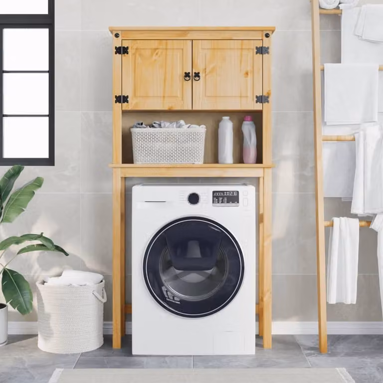 Armario de pared Prolenta para lavandería y baño de madera de pino color marrón con puertas batientes y estantes internos de estilo rústico An/P/Al: 29 x 85 x 165 cm