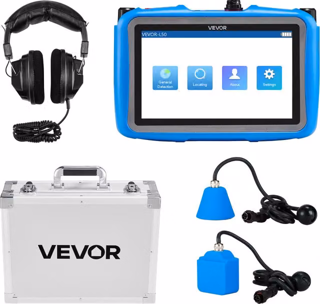 Detector de fugas de agua para tuberías Vevor con pantalla táctil de 17,78 cm, sensores horizontales y verticales, auriculares y tarjeta SD de 8 GB, An/P/Al: 22 x 15 x 5 cm