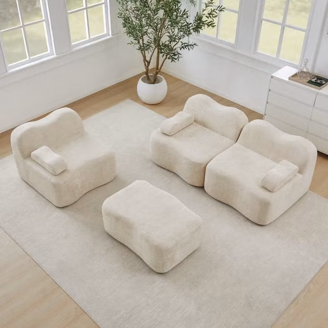 Sofá Modular de 3 Plazas HAUSS SPOLE en Terciopelo Beige con Reposapiés a Juego y Diseño Ondulado para Salón