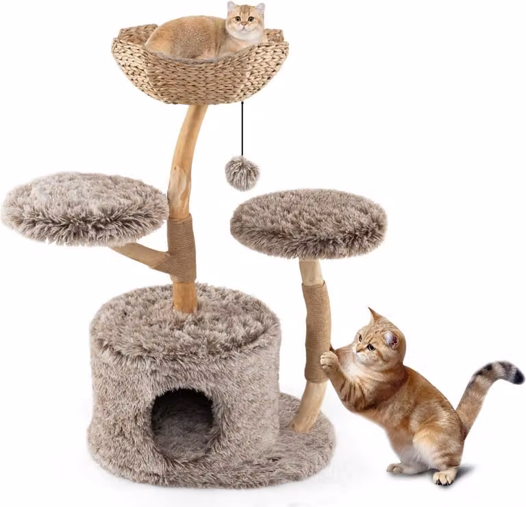 Árbol para gatos Northix con cueva y juguetes integrados en madera de abedul y color beige, Altura: 105 cm