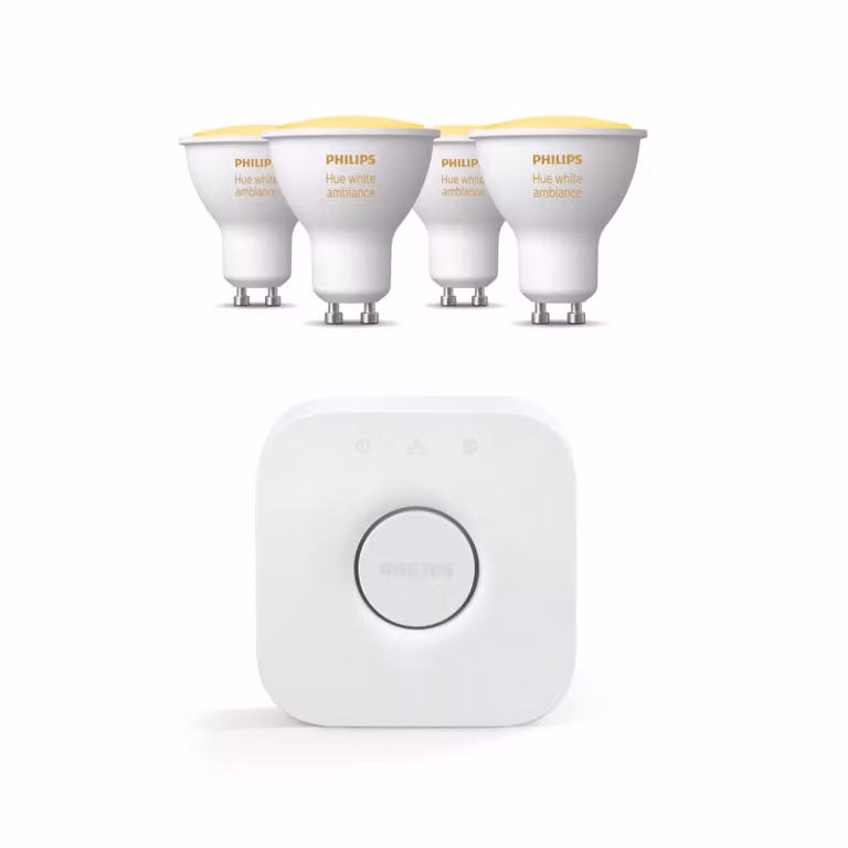 Pack de Philips Hue con 4 bombillas inteligentes LED GU10 blancas y Bridge con controlador incluido
