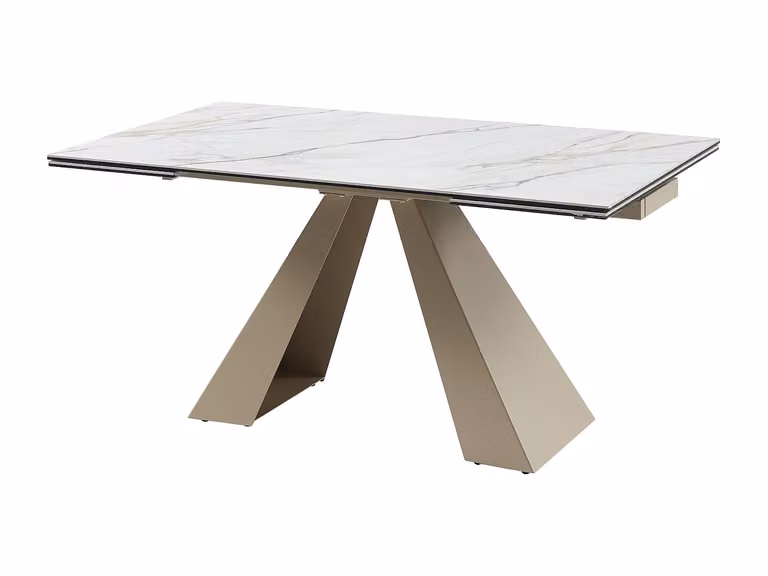 Mesa de comedor extensible LOZIPA de cerámica y metal con efecto mármol en blanco y beige, capacidad para 6 a 10 comensales, An/P/Al: 132 x 90 x 76 cm