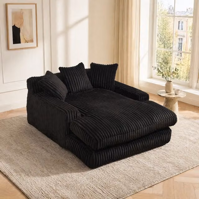 Chaise longue Modenvie de pana con 3 cojines, diseño moderno en forma de L, color negro, An/P/Al: 125 x 155 x 63 cm