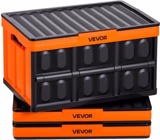 Juego de 3 cajas de almacenamiento plegables VEVOR de plástico con tapa, capacidad de 45 l, apilables y con asas, color naranja y negro