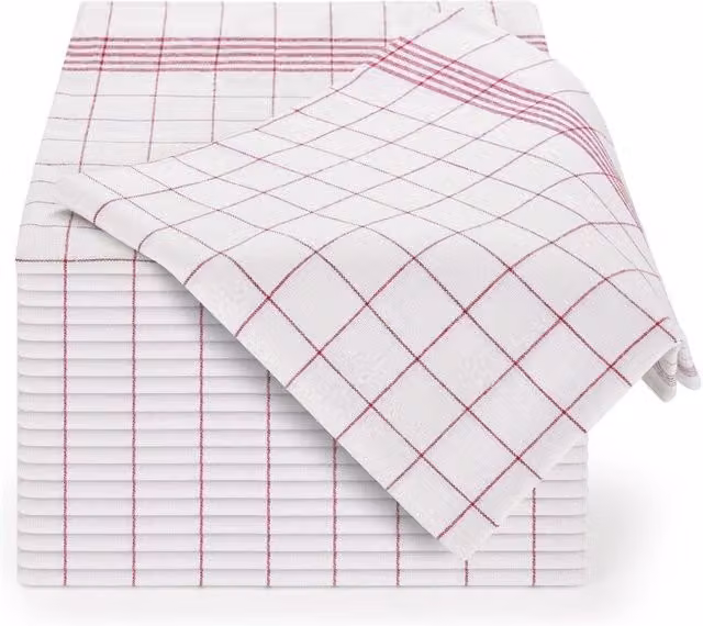 Pack de 10 paños de cocina XISRENS de algodón premium con diseño a cuadros en rojo y blanco, ultra absorbentes y lavables hasta 95°C, An/P: 45 x 65 cm