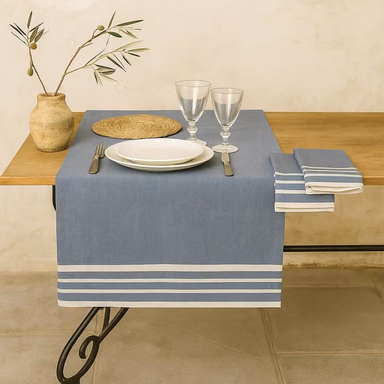 Camino de mesa de algodón Febronie con diseño de rayas en azul vaquero, An/Al: 50 x 150 cm
