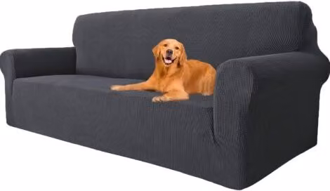 Funda elástica para sofá de 3 plazas Lablanc con reposabrazos, resistente a manchas de mascotas, color gris oscuro, Ancho: 183-234 cm