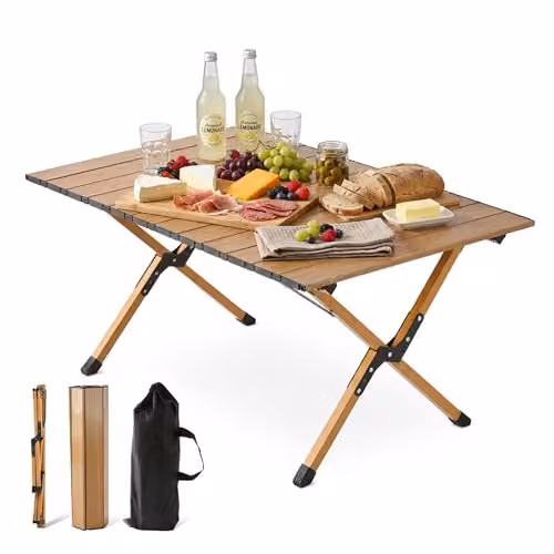Mesa de camping plegable y regulable en altura Relaxdays con acabado madera natural y color marrón, An/P/Al: 90 x 44 x 60 cm