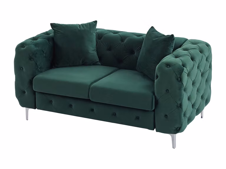 Sofá Chesterfield de 2 plazas EDWINA en terciopelo verde con estructura de madera sólida y cojines incluidos