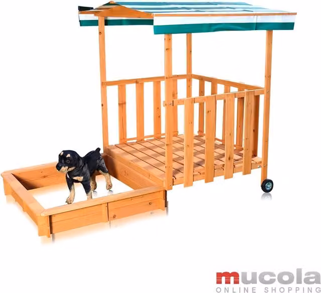 Arenero de madera MUCOLA con casa de juegos y techo ajustable para niños en jardín o terraza, disponible en verde, blanco o marrón, An/P/Al: 182 x 140 x 100 cm