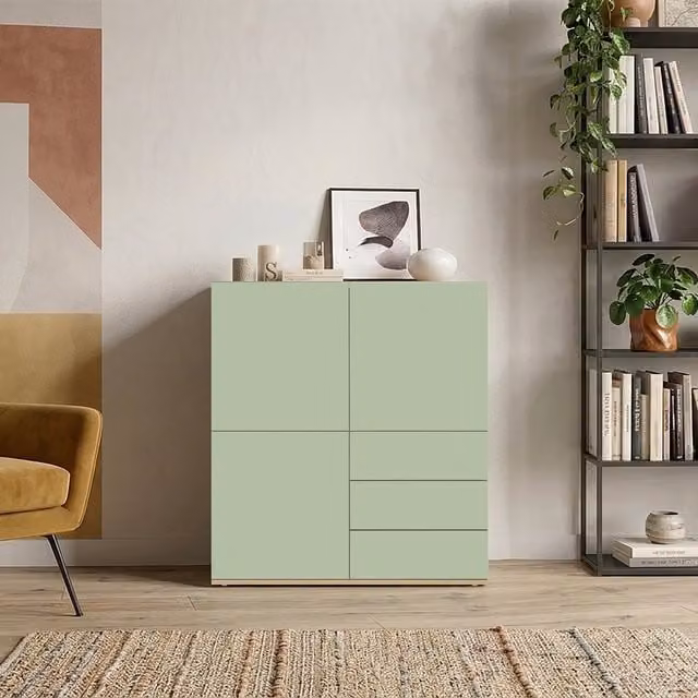 Aparador Garda de Whous con 3 puertas y 3 cajones en verde salvia y roble claro, An/P/Al: 102 x 35 x 110 cm