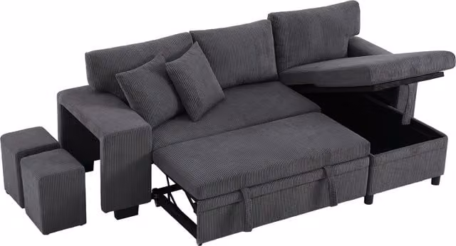 Sofá Esquinero Convertible Stilvora de 3 Plazas en Terciopelo Acanalado Gris con Cofre de Almacenaje, Puertos USB y Type-C, An/P/Al: 231 x 131,5 x 84 cm