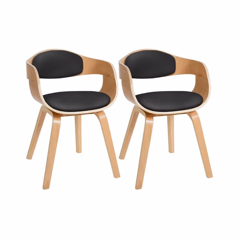 Set de 2 sillas modernas tipo tub con reposabrazos en simil cuero beige y negro y estructura de madera sólida