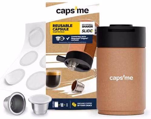 Pack Caps'me Slide de Coctelera Minimalista con 2 Cápsulas Reutilizables y 48 Tapas de Papel Compatibles con Nespresso en Color Marrón