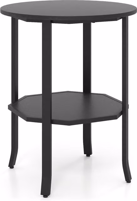 Mesa auxiliar redonda NORTHIX de 2 niveles con estante en metal negro de estilo industrial