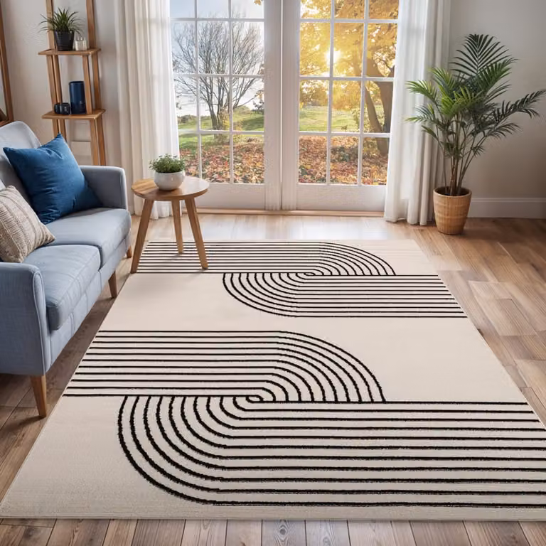Alfombra escandinava moderna Livabliss Constance de diseño geométrico retro en blanco y negro, An/P: 200 x 275 cm