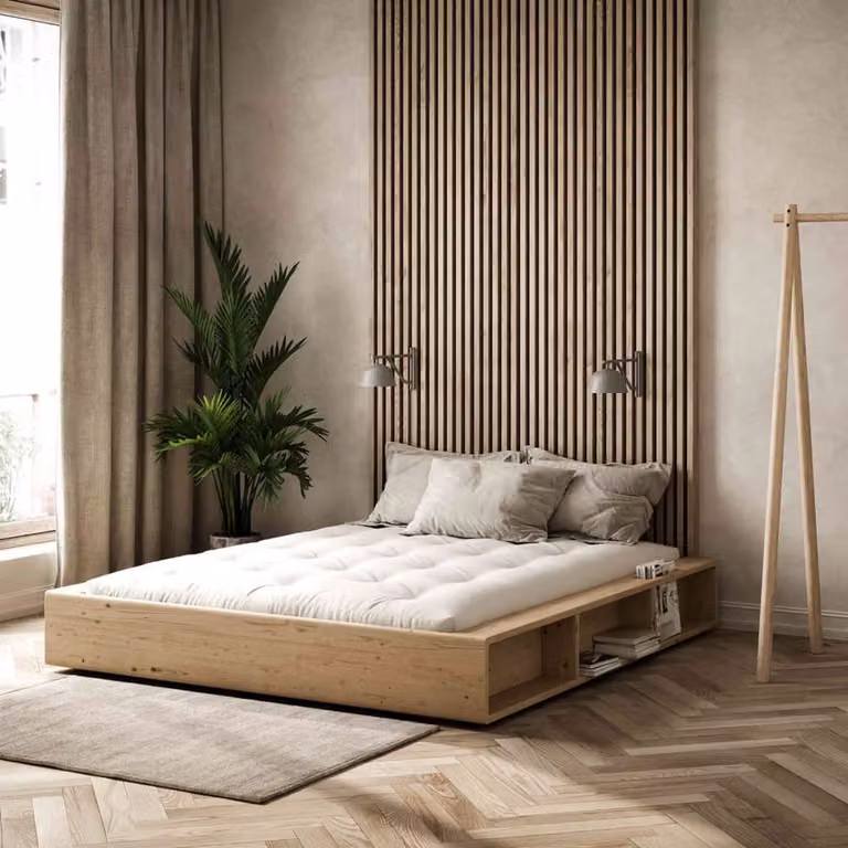 Cama Ziggy de Karup Design en madera de pino natural de estilo escandinavo, An/P/Al: 140 x 200 x 38,5 cm