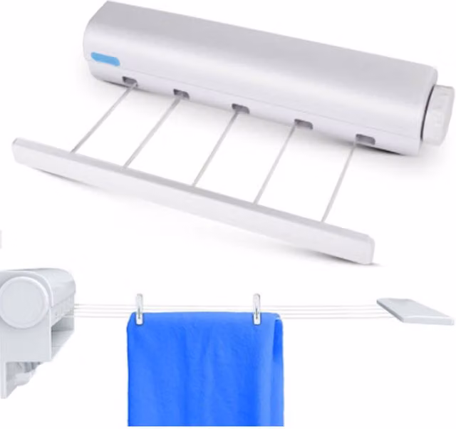 Tendedero mural retráctil Elle de 3,2 m con capacidad de 8 kg disponible en rosa, azul o blanco