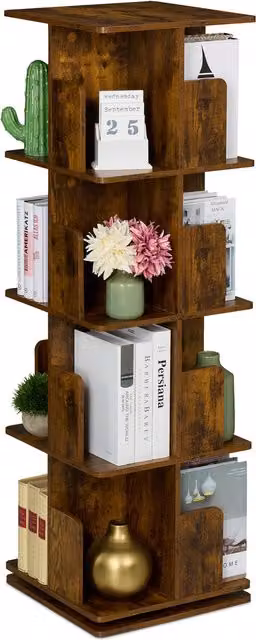 Estantería para libros giratoria 360 de Relaxdays con 4 niveles y diseño industrial, color marrón, Al x An x P: 125,5 x 39 x 39 cm