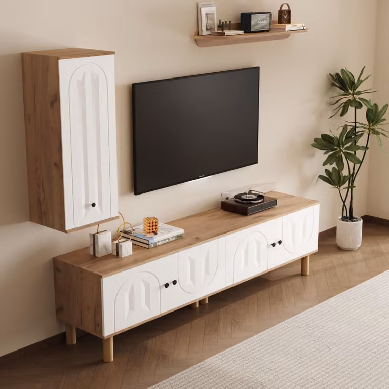 Conjunto de mueble para salón de 3 piezas GL Store con mueble alto, mueble bajo y estante de pared en estilo escandinavo, color blanco y marrón con acabado brillante