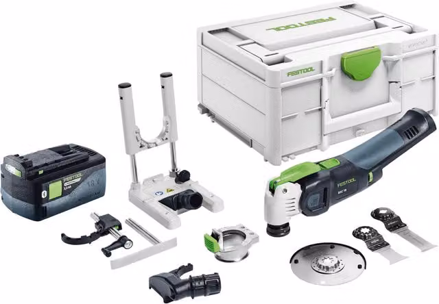 Festool Oscilador a batería 18 V Starlock Max Brushless Osc 18 E-basic-set con batería de 5,0 Ah, juego de 7 accesorios y maletín Systainer en color gris