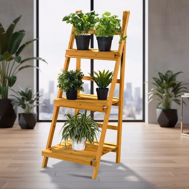Estantería de madera MUCOLA de 3 pisos para plantas y macetas, color marrón, diseño moderno para jardín, balcón o terraza, Al 109 cm x An 44 cm x P 43 cm