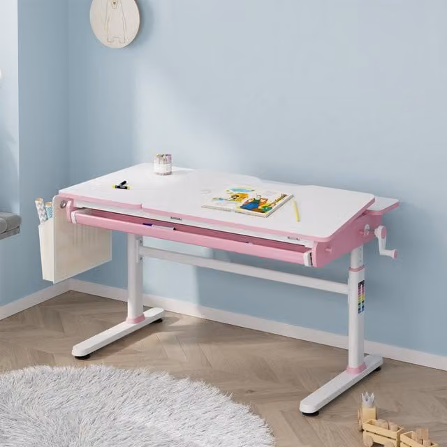 Escritorio infantil Kuosa de en.casa con tablero inclinable y altura regulable, color rosa y blanco, An: 120 cm, P: 60 cm