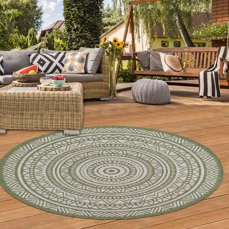 Alfombra redonda Teppich-Traum con diseño étnico para exterior e interior en verde y blanco, Diámetro: 120 cm