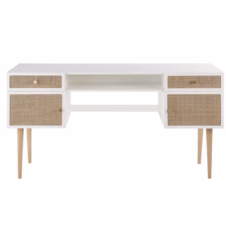 Escritorio de escritura Maison du Monde en color blanco con pino, MDF y detalles de ratán de estilo escandinavo