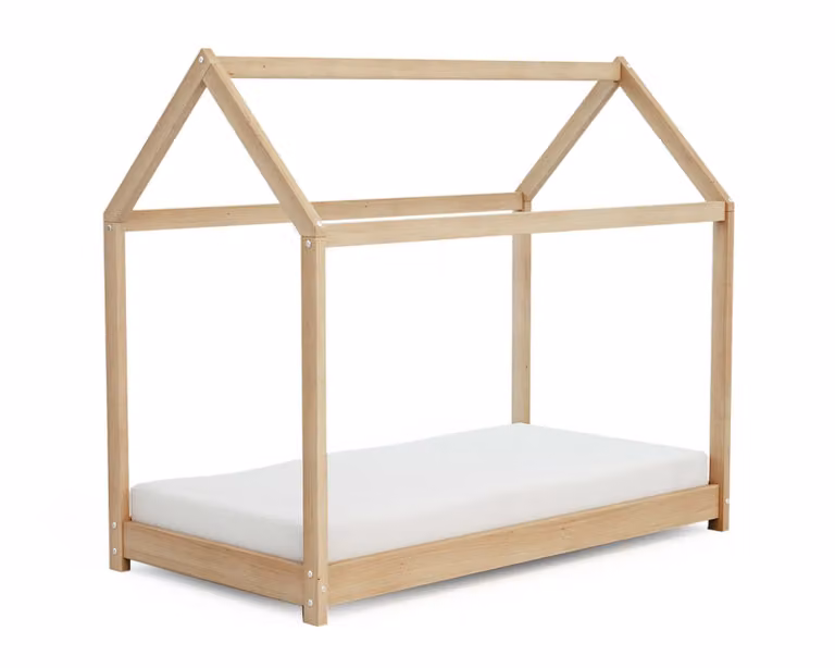 Cama infantil Webaby de madera maciza con estructura de casita estilo escandinavo en colores beige y blanco, An/P/Al: 140 x 70 cm