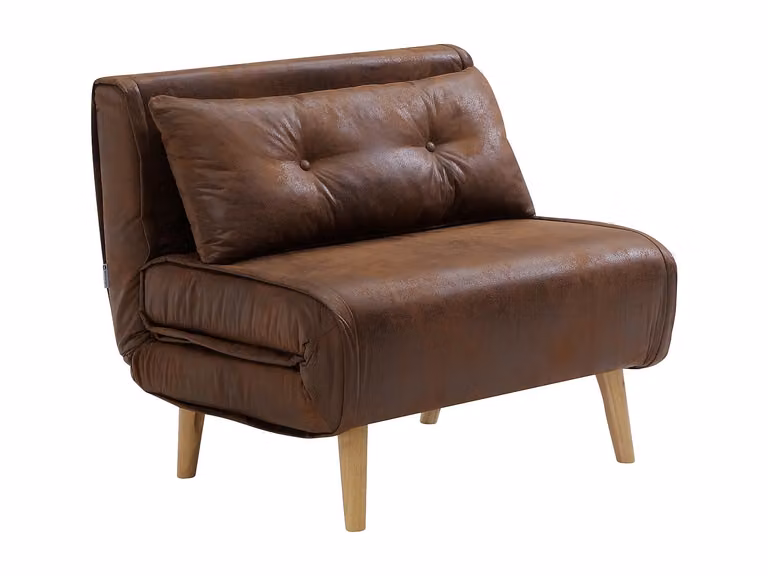 Sillón cama Valerio de microfibra efecto cuero envejecido en color marrón con estructura de metal y madera