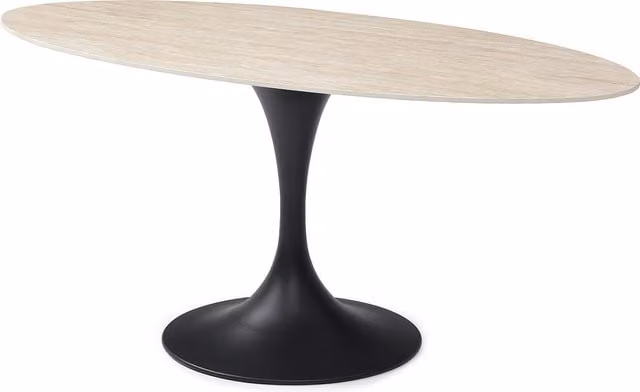 Mesa de comedor ovalada Elva de Maison Céphy en cerámica y metal con efecto travertino beige y negro, capacidad para 8 personas, An/P/Al: 220 x 110 x 78 cm